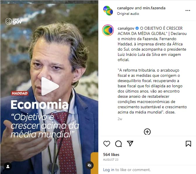 Declaração do Ministro da Fazenda, Fernando Haddad, durante visita oficial à África do Sul, em 23 de agosto de 2023: "Objetivo é crescer acima da média mundial".