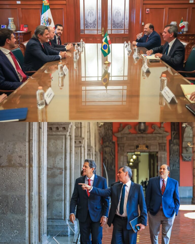 Haddad com a presidenta do México, Claudia Sheinbaum, e o secretário da Fazenda e do Crédito Público, Edgar Amador, para tratar das relações econômicas e desenvolvimento sustentável entre nossos países, na Cidade do México