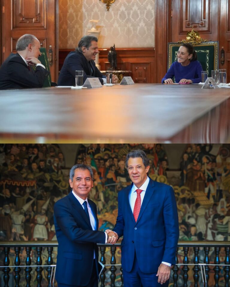 Haddad com a presidenta do México, Claudia Sheinbaum, e o secretário da Fazenda e do Crédito Público, Edgar Amador, para tratar das relações econômicas e desenvolvimento sustentável entre nossos países, na Cidade do México